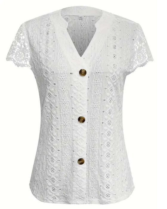 Solid Color Hollow Short-Sleeved Blouse