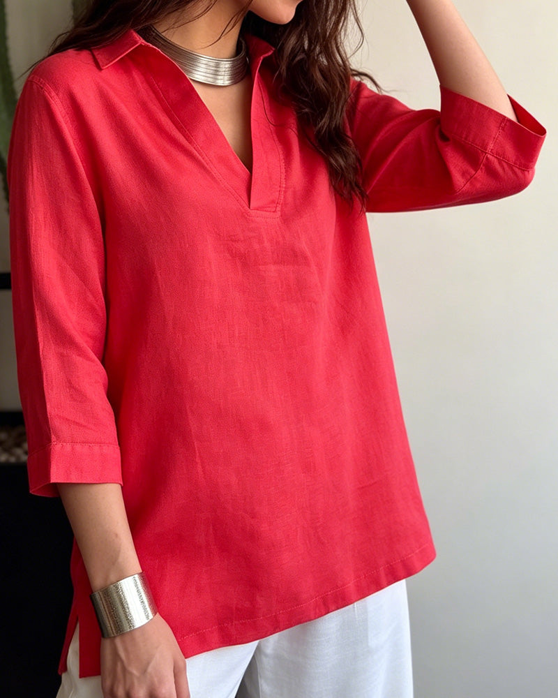 Casual V-Neck Solid Color Blouse