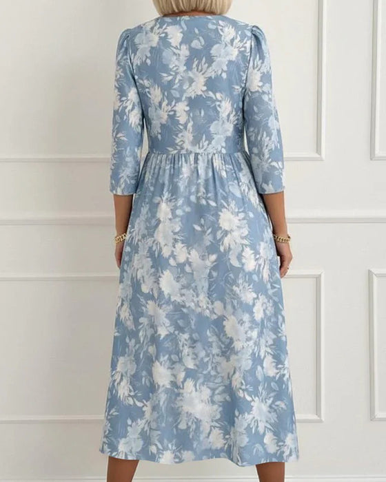 V-Neck Button Floral Shirred Dress
