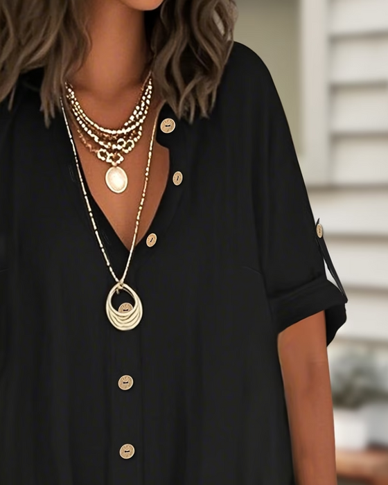 Buttoned Short Sleeve Loose Shirt Dress