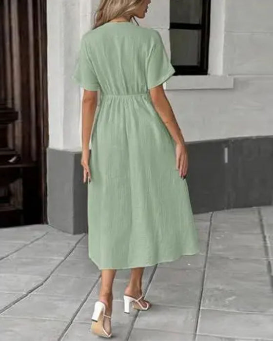 V-Neck Tie Waist Cinched Solid A-Line Dress