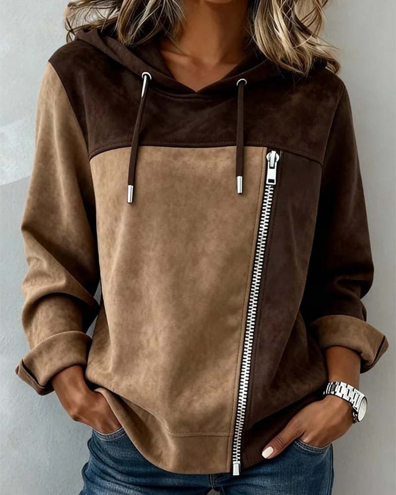 Hooded Drawstring Contrast Zipper Hoodie