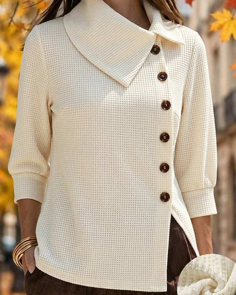 Waffle Spread-Collar Button-Up Top