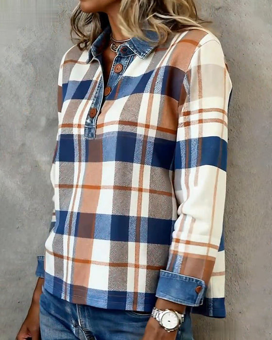 Casual Denim Patchwork Plaid Blouse