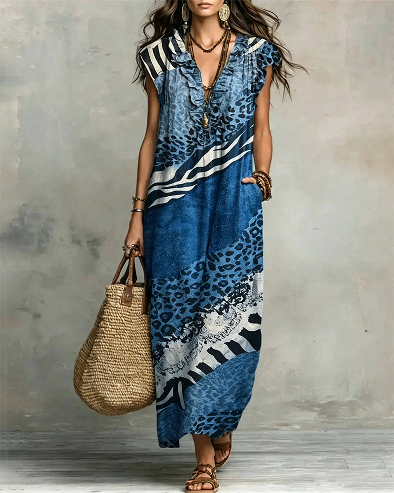 V-Neck Ruffle Pattern Patchwork Dress