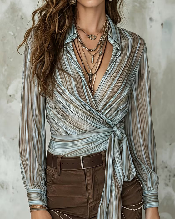 Lapel Stripe Twist Knot Blouse