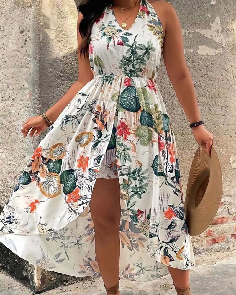 V-Neck Halter Sleeveless Dress + Shorts Set