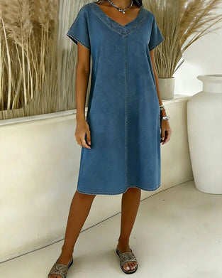 Casual V-Neck Short Sleeve Denim Dress