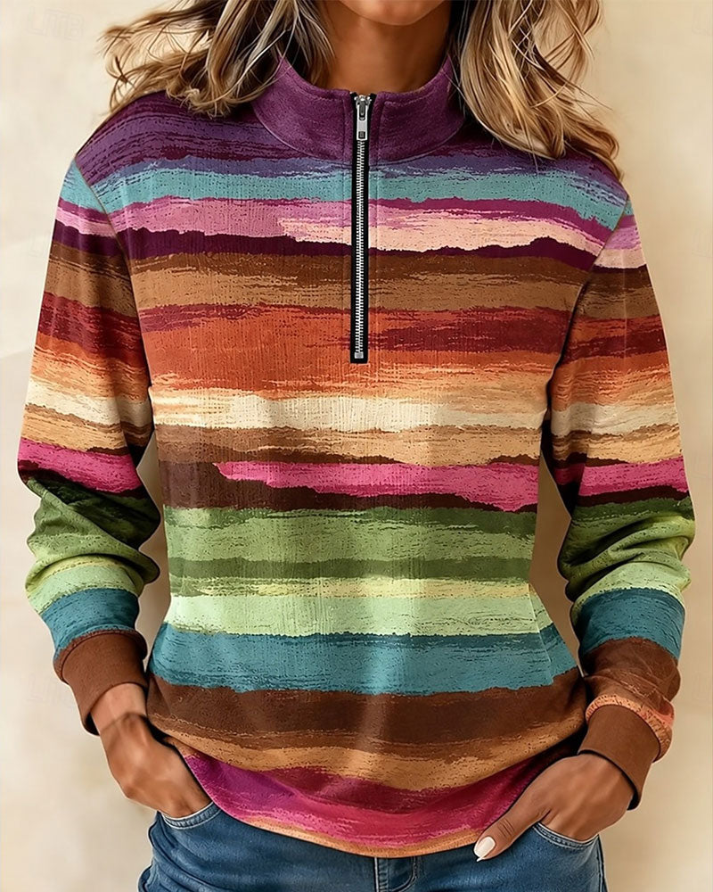 Vintage Colorful Striped Half Zip Stand Collar Long Sleeve Sweatshirt