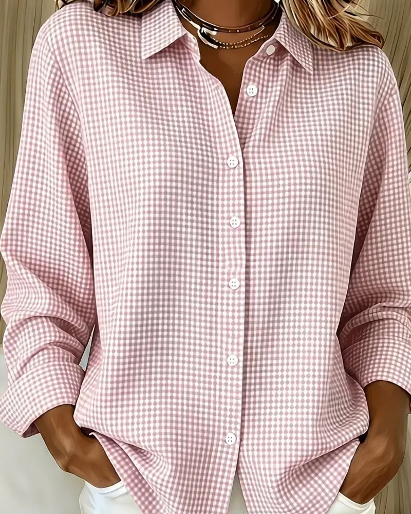 V-Neck Plaid Button-Down Loose Casual Shirt