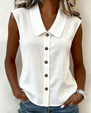 Sleeveless Lapel Linen-Cotton Shirt