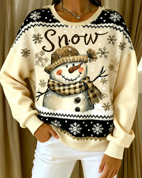 Long-Sleeved Snowman Print Casual Sweatshirt