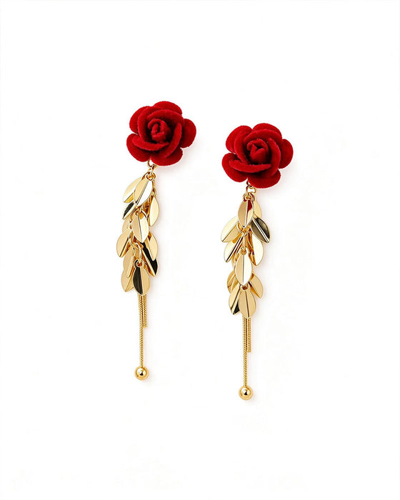 Flocked Rose Heart Long Drop Earrings
