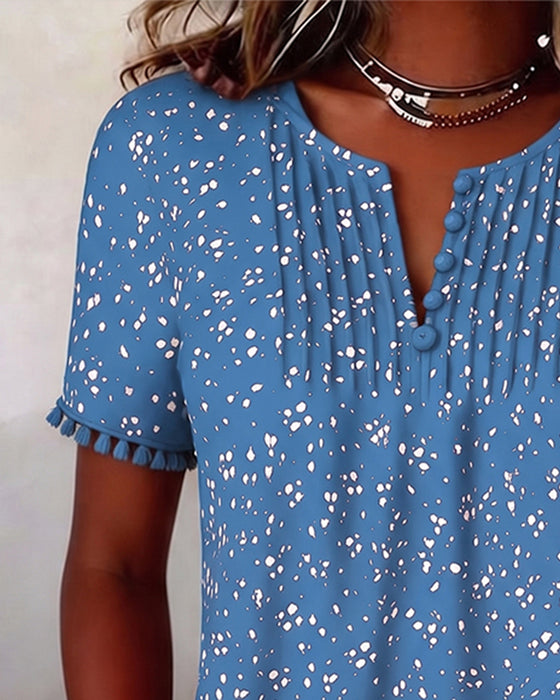 White Dot Fringe Short Sleeve Blouse