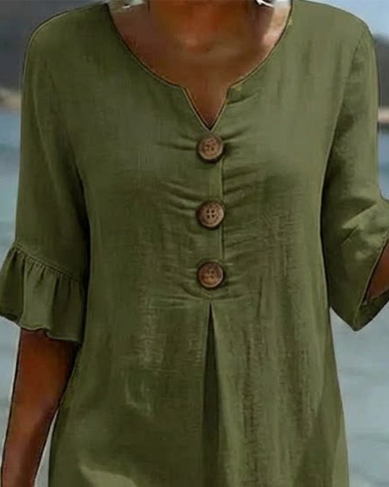 Button Ruffle Sleeve 100% Cotton Dress