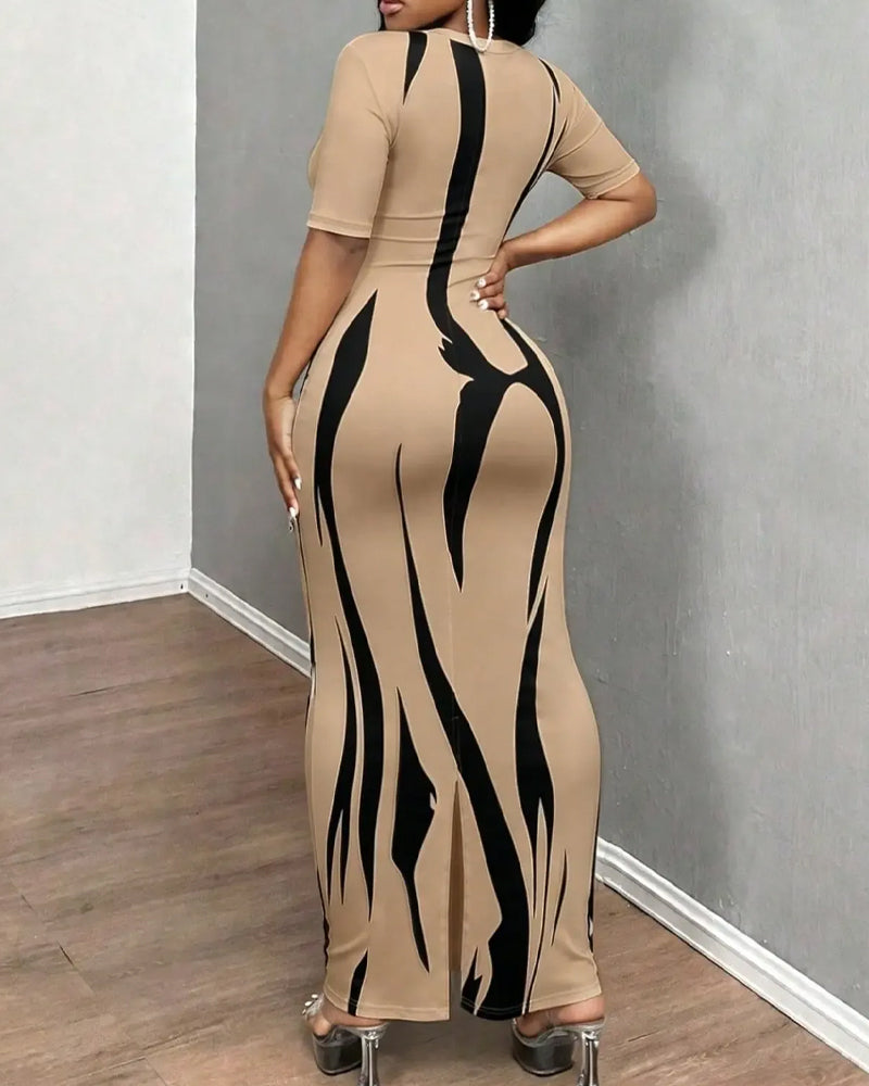 V-Neck Stripe Fitted Waist-Cinching Dress