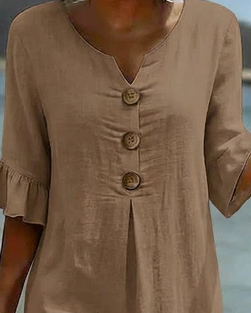 Button Ruffle Sleeve 100% Cotton Dress