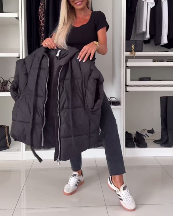 Hooded solid color zipper short sleeve padded jackets