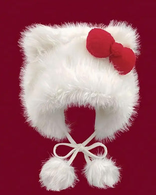 Cute Cat Ear Design Pom Pom Decor Plush Hat