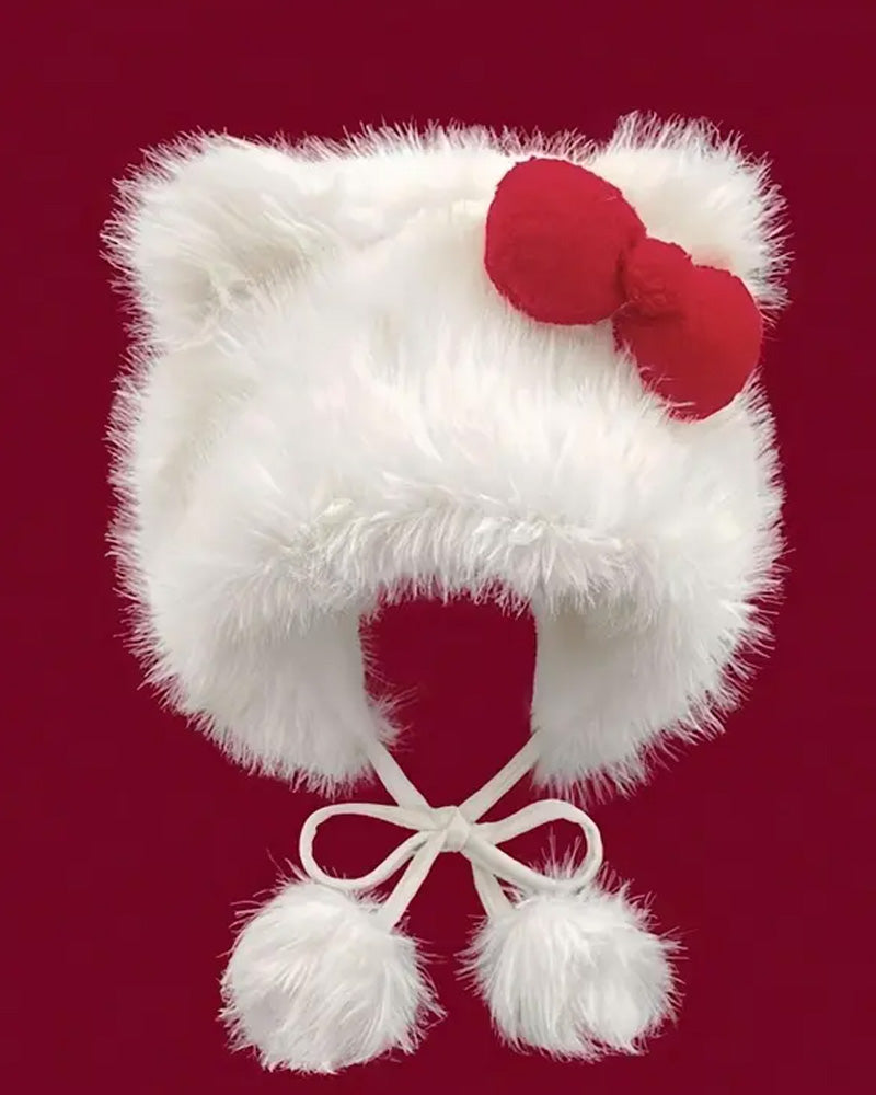 Cute Cat Ear Design Pom Pom Decor Plush Hat