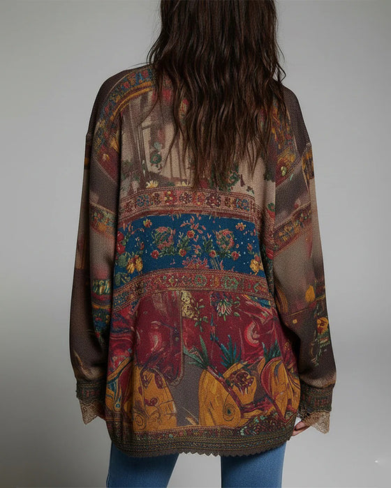 Lace Panels Floral Print Blouse