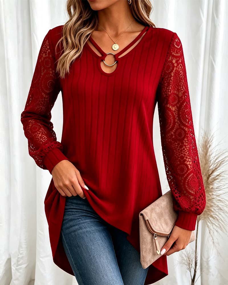 Lace-Trimmed Long-Sleeved Top