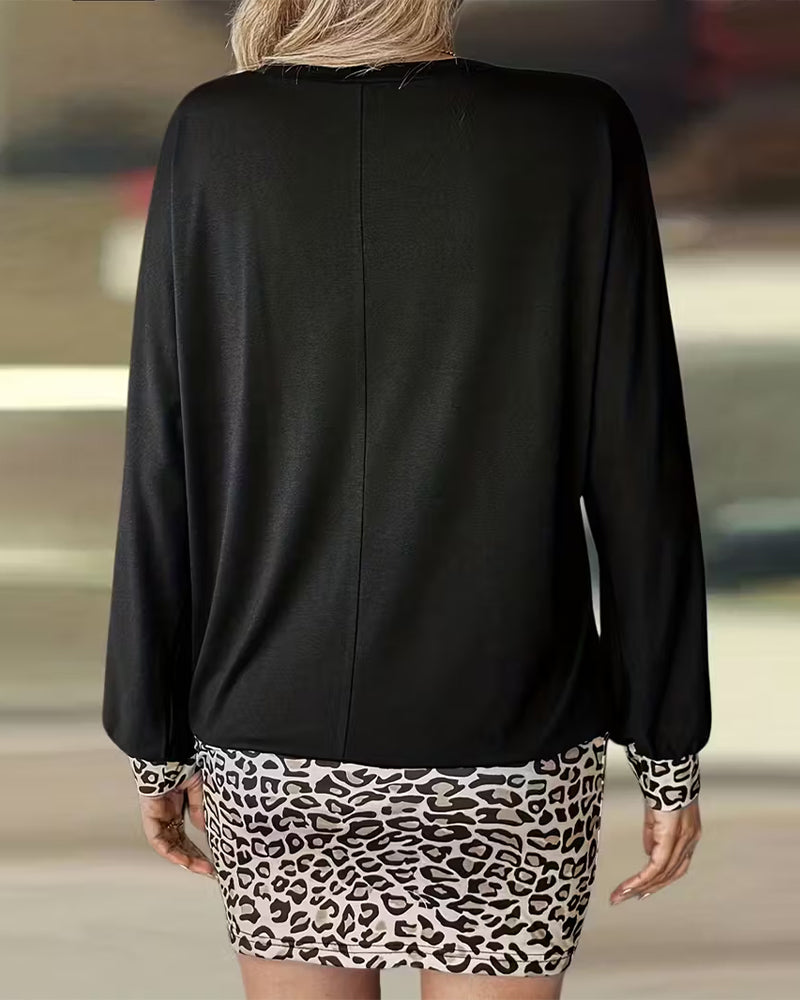 Round Leopard Patchwork Long Sleeve Dress