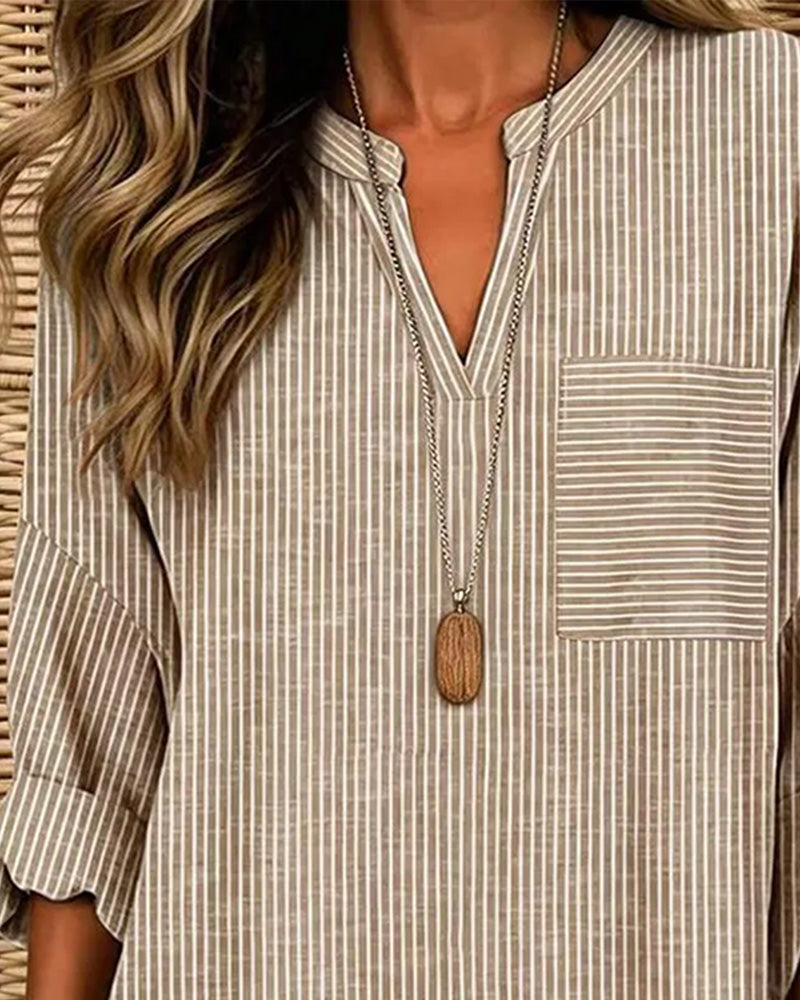 V-Neck Stripe Irregular Long Sleeve Top