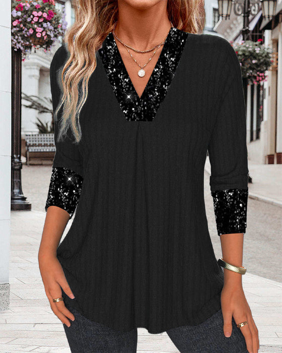 Casual solid color sequin patchwork pleated top