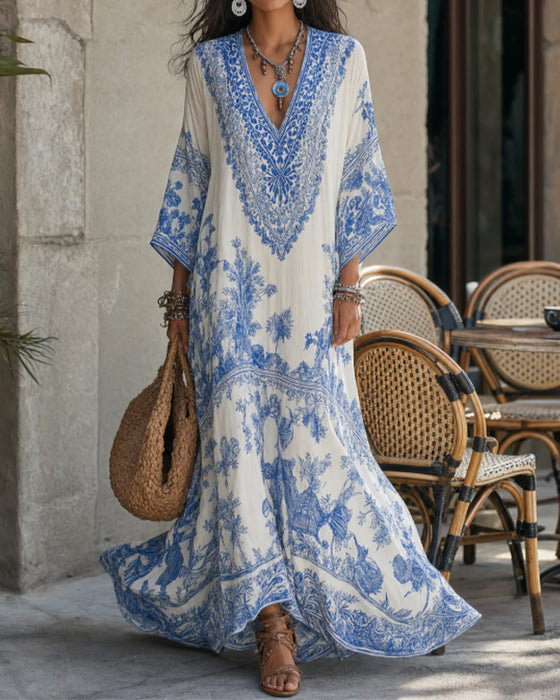 V-Neck Bohemian Flared Asymmetric Dress