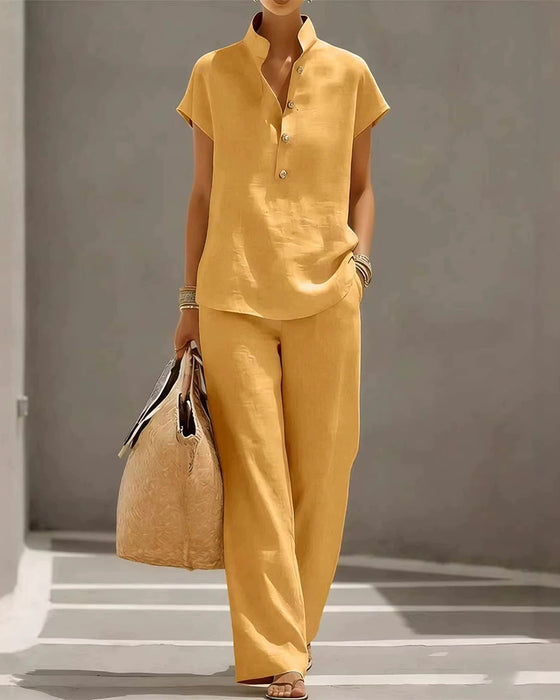 Stand-Collar Button Short-Sleeve And Long Pants Set
