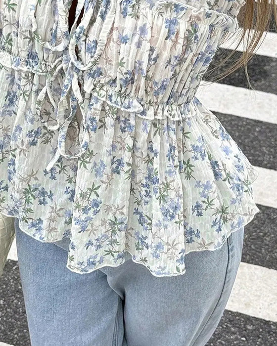 Floral Flutter Sleeve V-Neck Tie Blouse