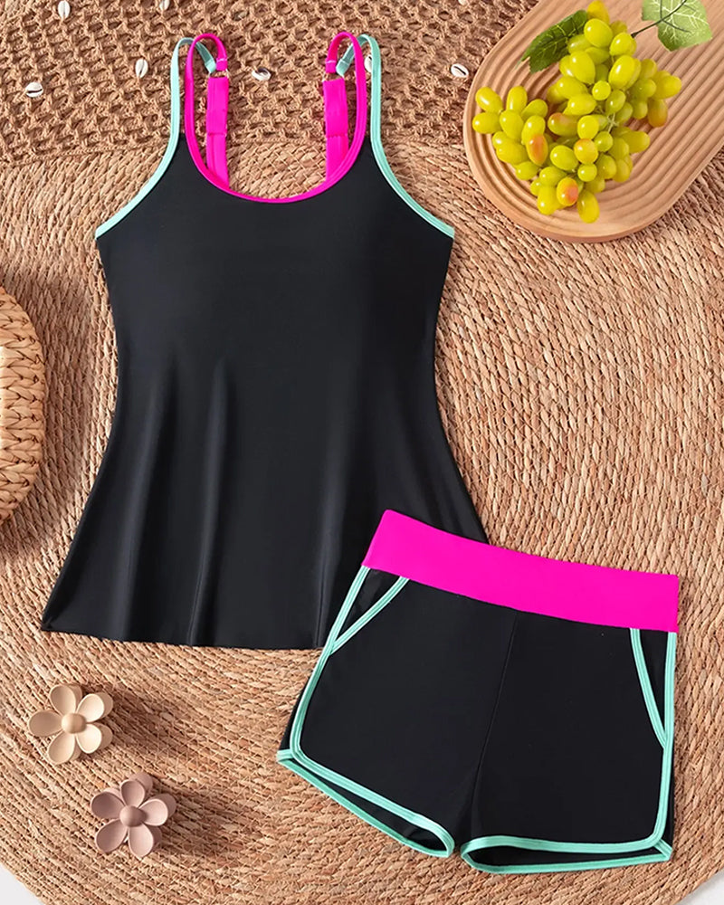 Color Contrast U Neck Halter Tankini