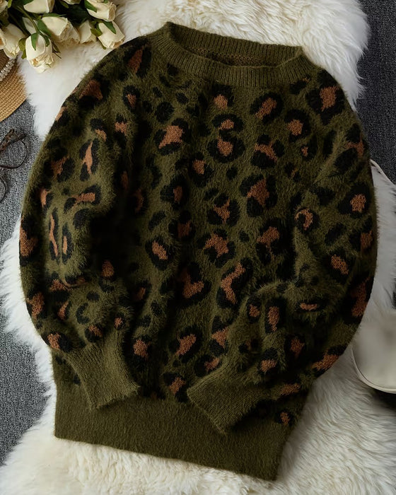Off-Shoulder Leopard Print Long-Sleeved Pullover