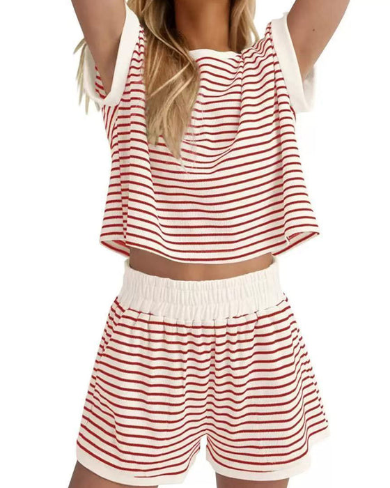 Striped Short-Sleeved Elastic Waist Sets
