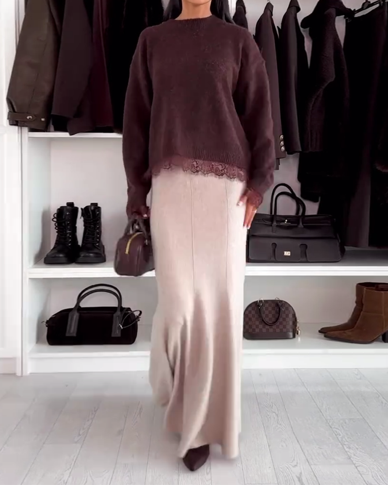 Lace Panel Crew Neck Pullover