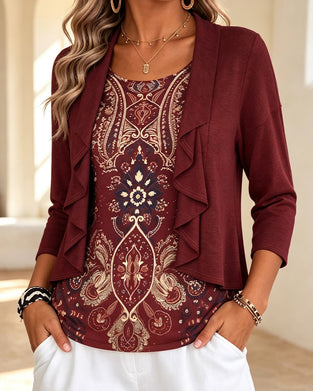 Mock Two-Piece Ruffle Print Blouse