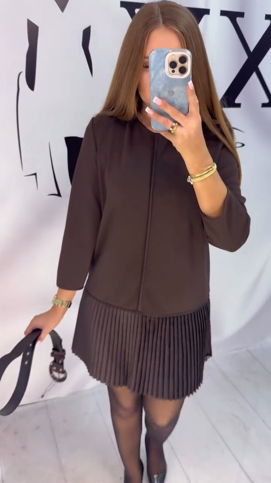 Three-Quarter Sleeve Accordion Pleated Dress