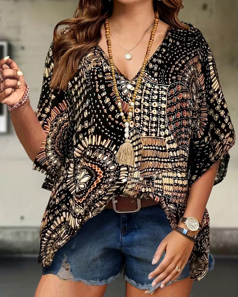V-Neck Printed Batwing Blouse