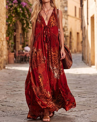 V-Neck Leopard Bohemian Spaghetti Strap Maxi Dress