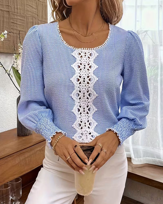 Puff-Sleeved Striped Lace-Trimmed Blouse