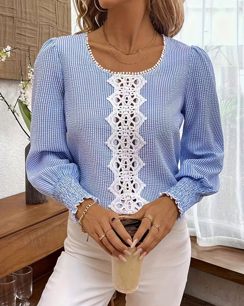 Puff-Sleeved Striped Lace-Trimmed Blouse