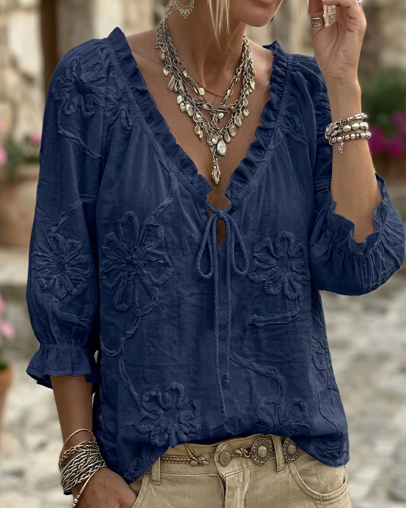 100% Cotton V-Neck Wrap Tie Ruffled Blouse