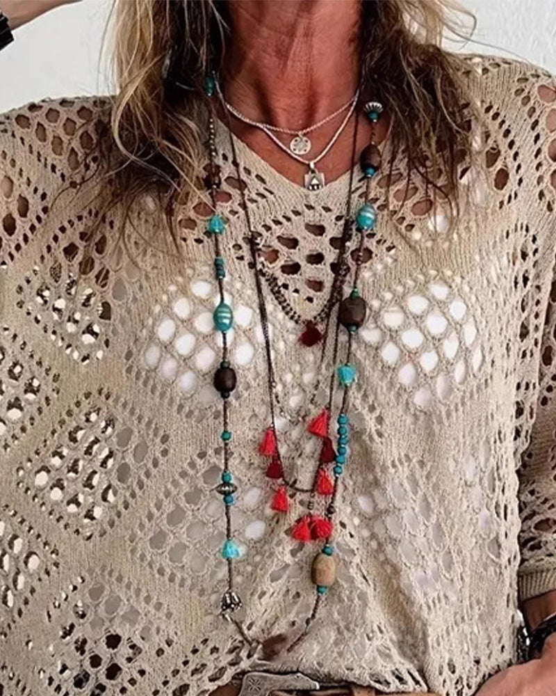 Diamond-Patterned Openwork Loose Top