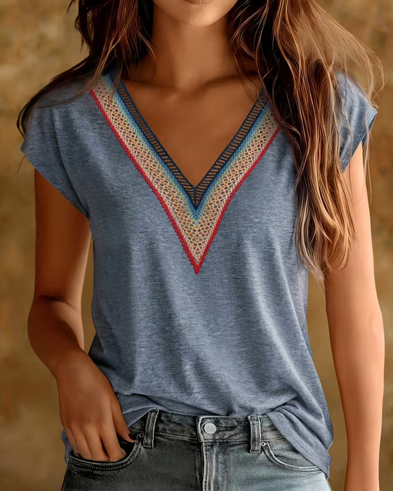 Patchwork V-Neck Lace Contrast T-Shirt
