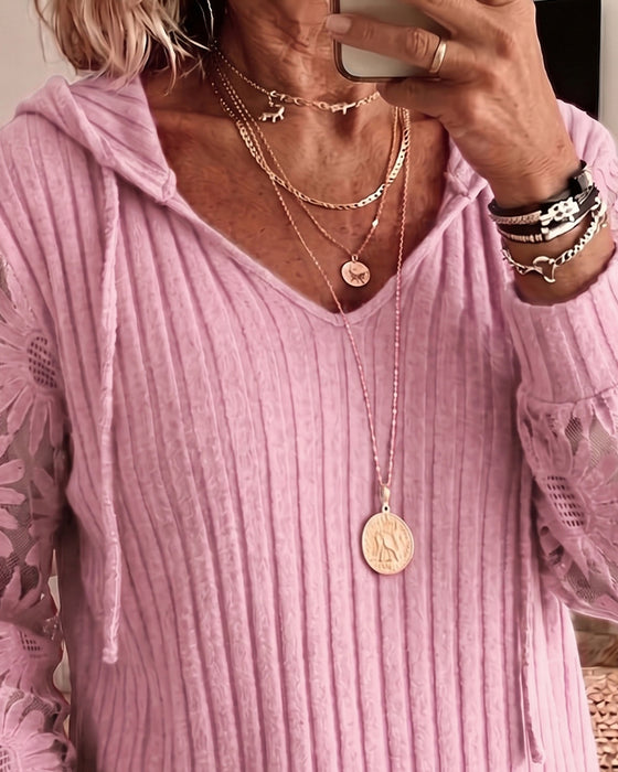 Hooded V-Neck Lace Patchwork Ribbed Blouse