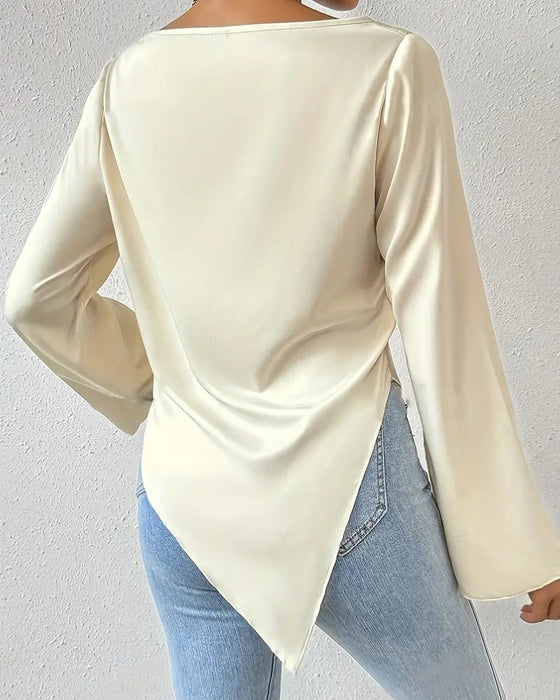 Casual solid color pleated irregular long sleeve blouse