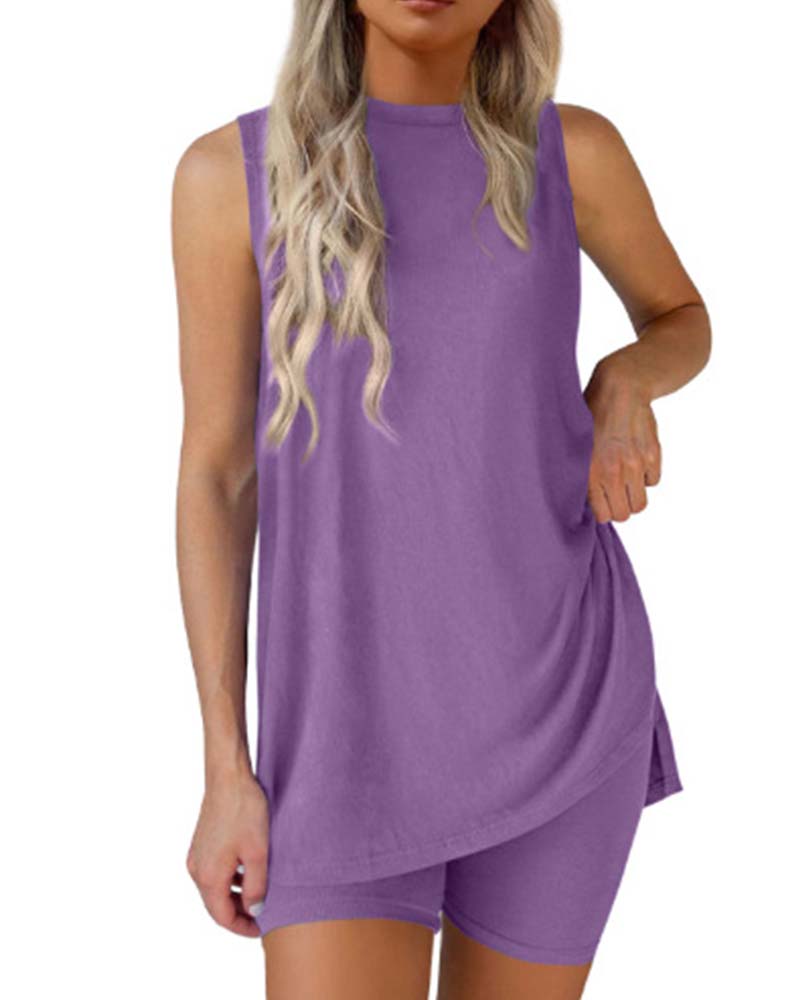 Sleeveless Top And Shorts Solid Color Set