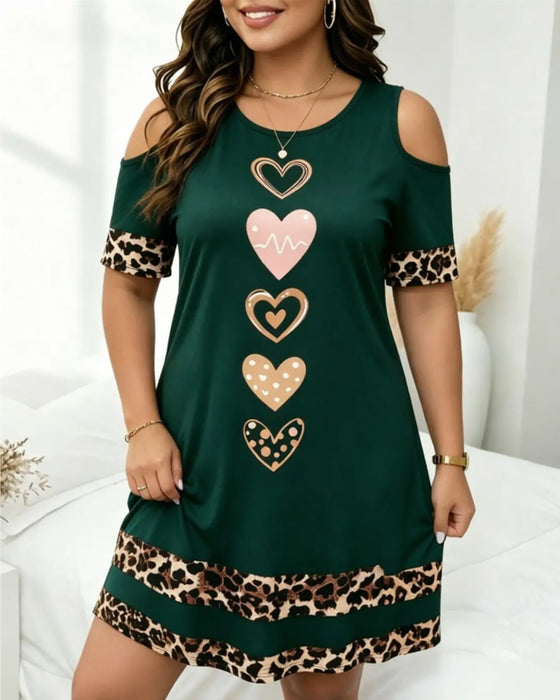 Round Neck Off-Shoulder Leopard Heart Dress