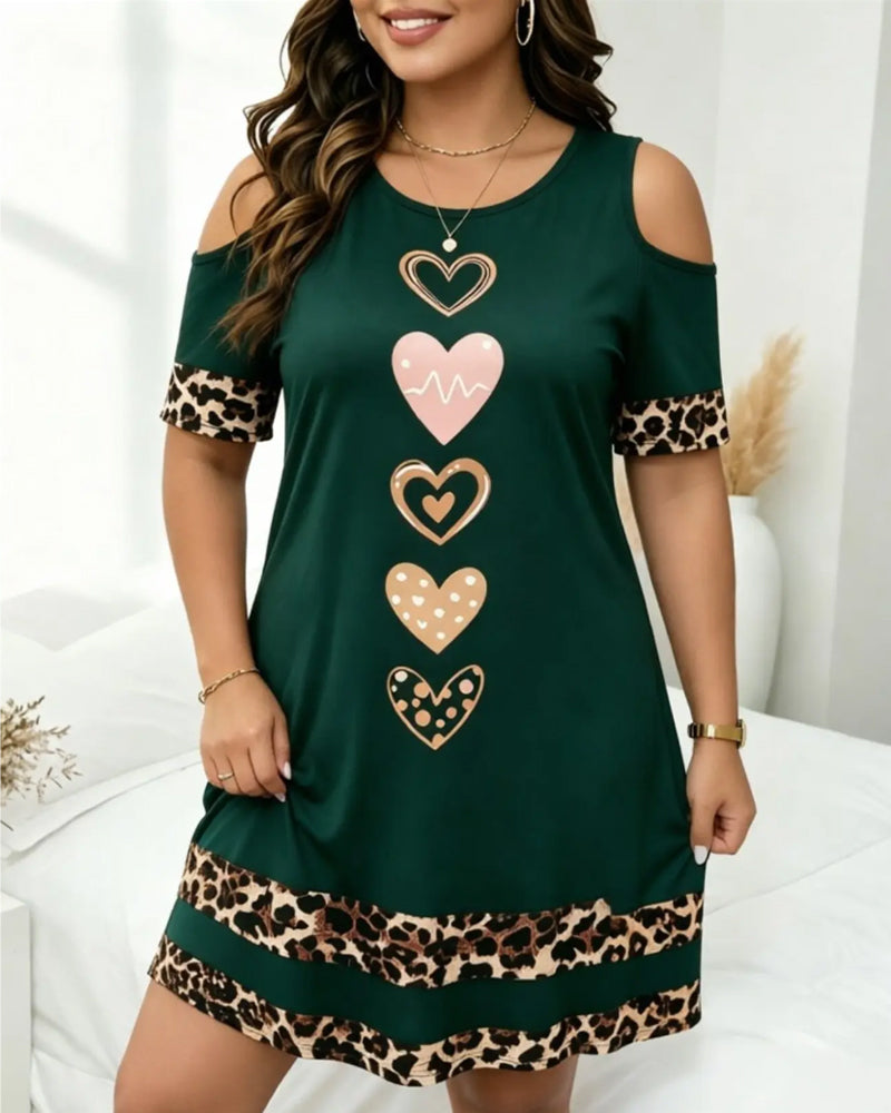 Round Neck Off-Shoulder Leopard Heart Dress